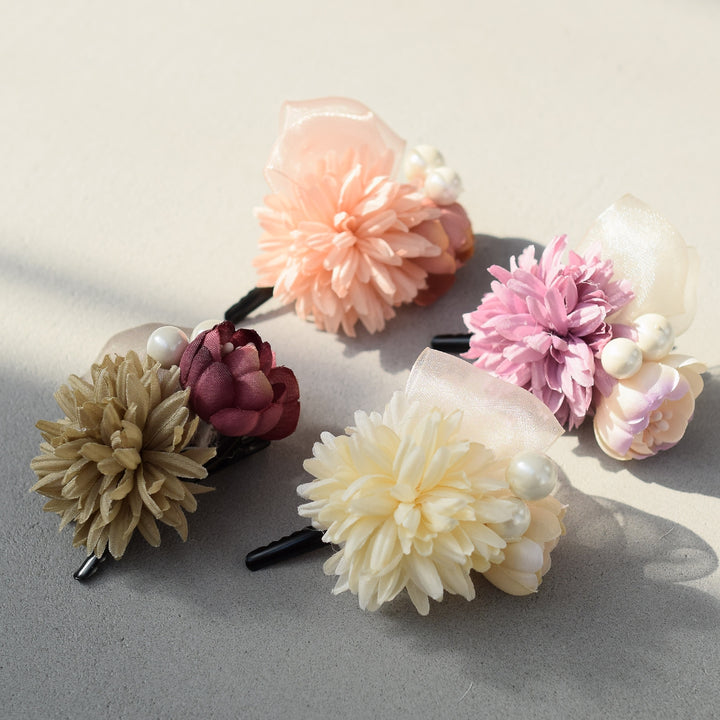 髪飾り ヘアアクセサリー クリップ単品 菊と牡丹 パール＆ヴェール