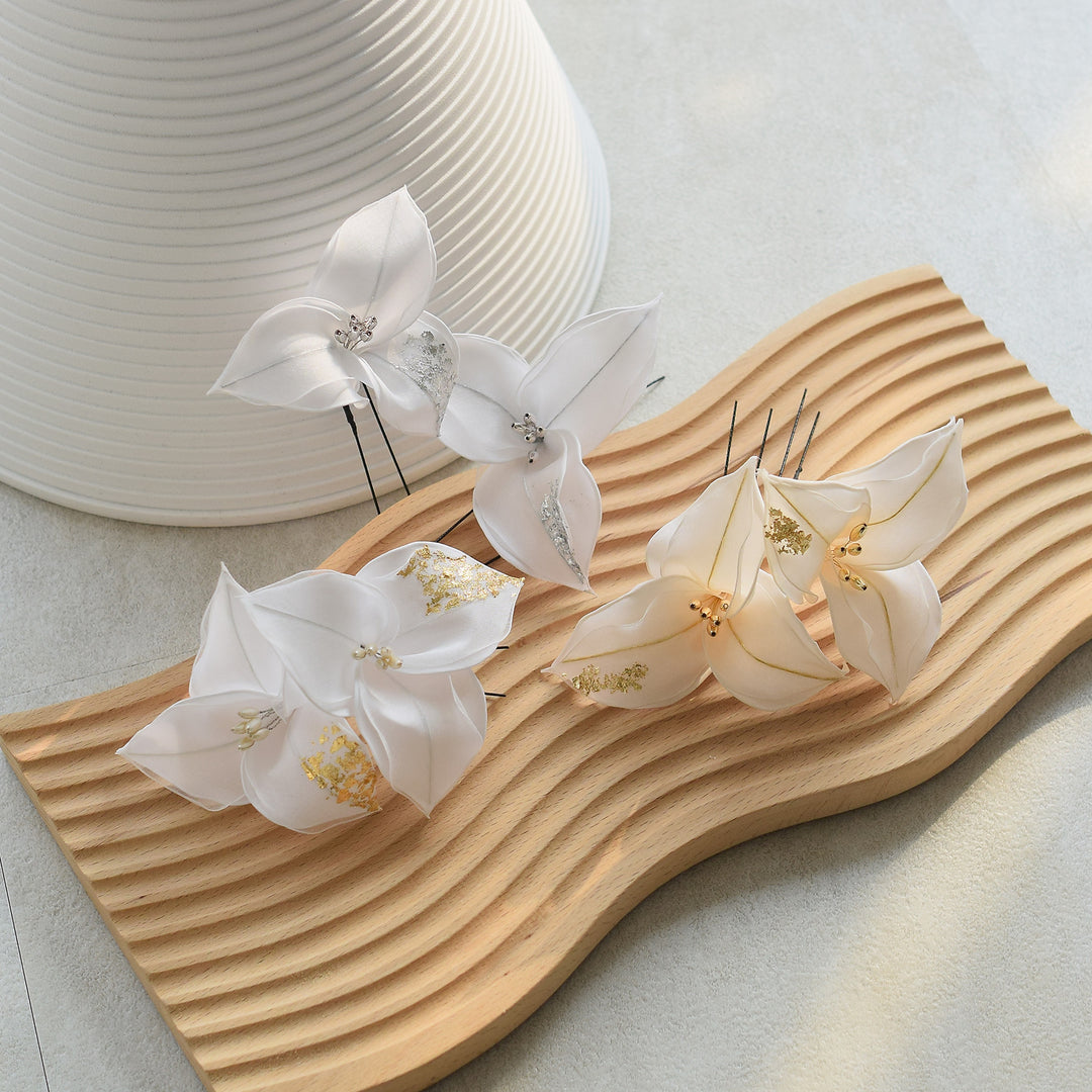 髪飾り 百合】Uピン2本セット 日本製 ヘアアクセサリー 白 シルバー