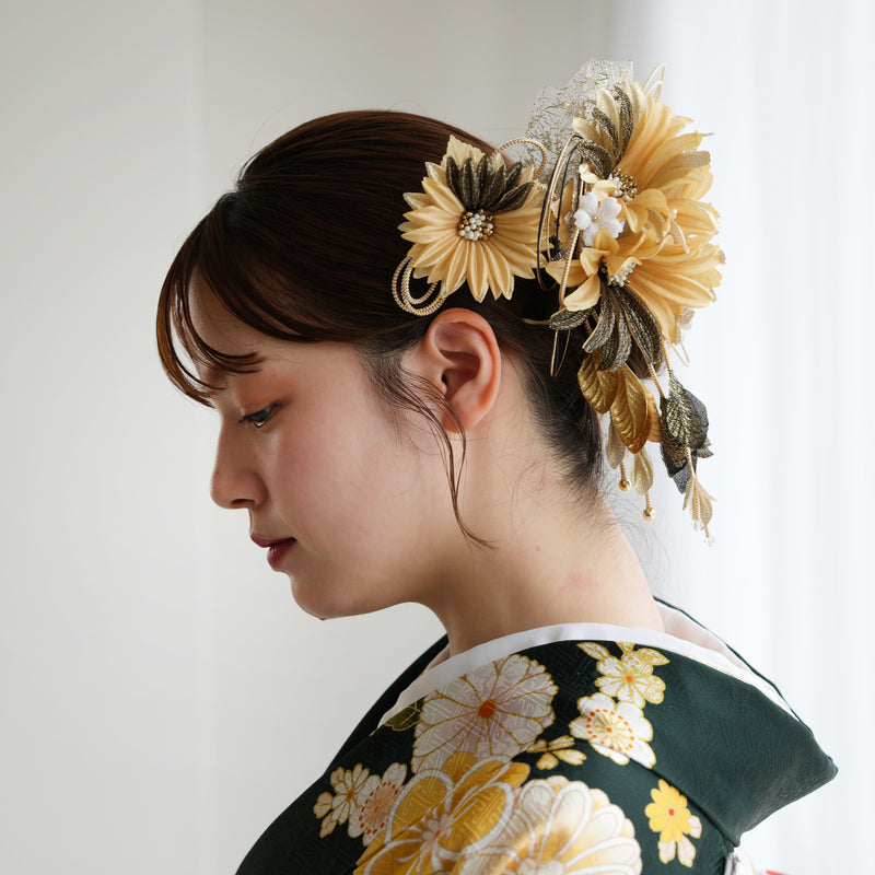 【髪飾り 2点セット】菊 ラメ コーム Uピン 水引 チュールレース 日本製 成人式振袖、卒業式袴にも【取り寄せ品】（5432628401）