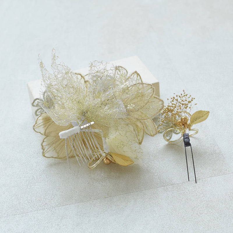 【髪飾り 2点セット ラメ・クレマチス】ヘアアクセ ヘッドドレス 水引 カスミソウ 日本製【取り寄せ品】（5432629701）