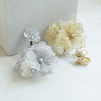 【髪飾り 2点セット ラメ・クレマチス】ヘアアクセ ヘッドドレス 水引 カスミソウ 日本製【取り寄せ品】（5432629701）