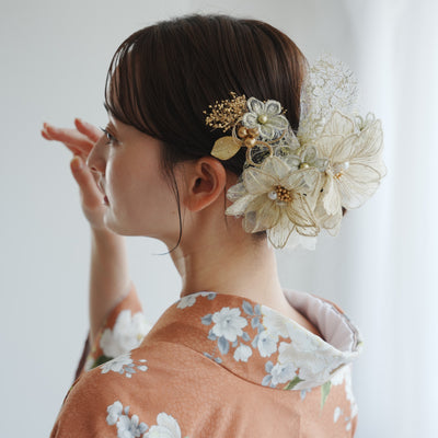 【髪飾り 2点セット ラメ・クレマチス】ヘアアクセ ヘッドドレス 水引 カスミソウ 日本製【取り寄せ品】（5432629701）