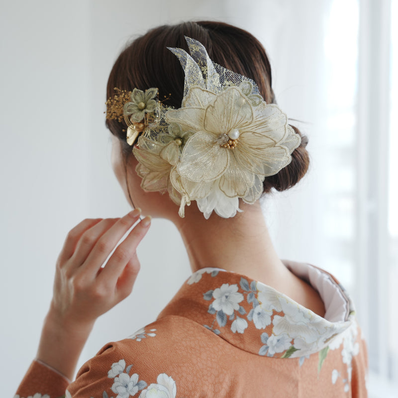 【髪飾り 2点セット ラメ・クレマチス】ヘアアクセ ヘッドドレス 水引 カスミソウ 日本製【取り寄せ品】（5432629701）