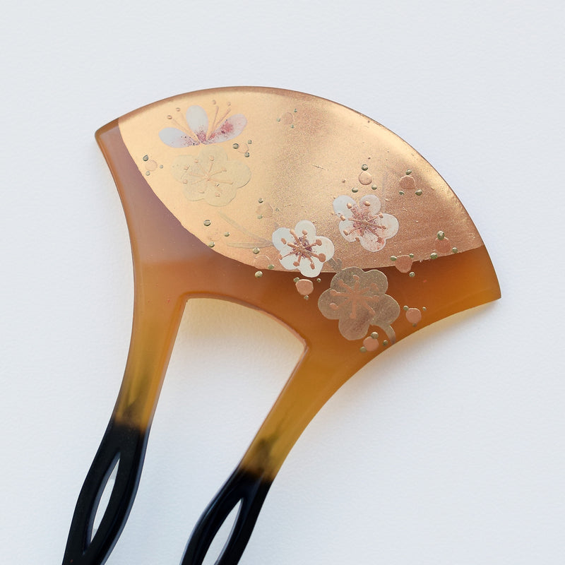【かんざし 梅浪漫・橙】単品 簪 髪飾り 蒔絵調 二本差し 髪留め バチ型 扇型 日本製 結婚式や卒業式などに（5432629900）