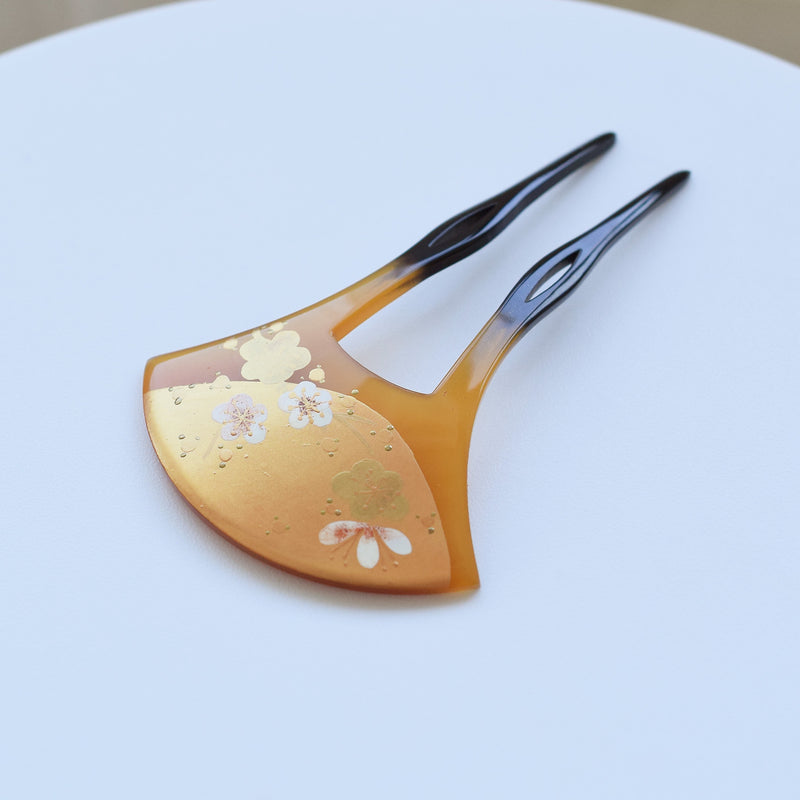 【かんざし 梅浪漫・橙】単品 簪 髪飾り 蒔絵調 二本差し 髪留め バチ型 扇型 日本製 結婚式や卒業式などに（5432629900）