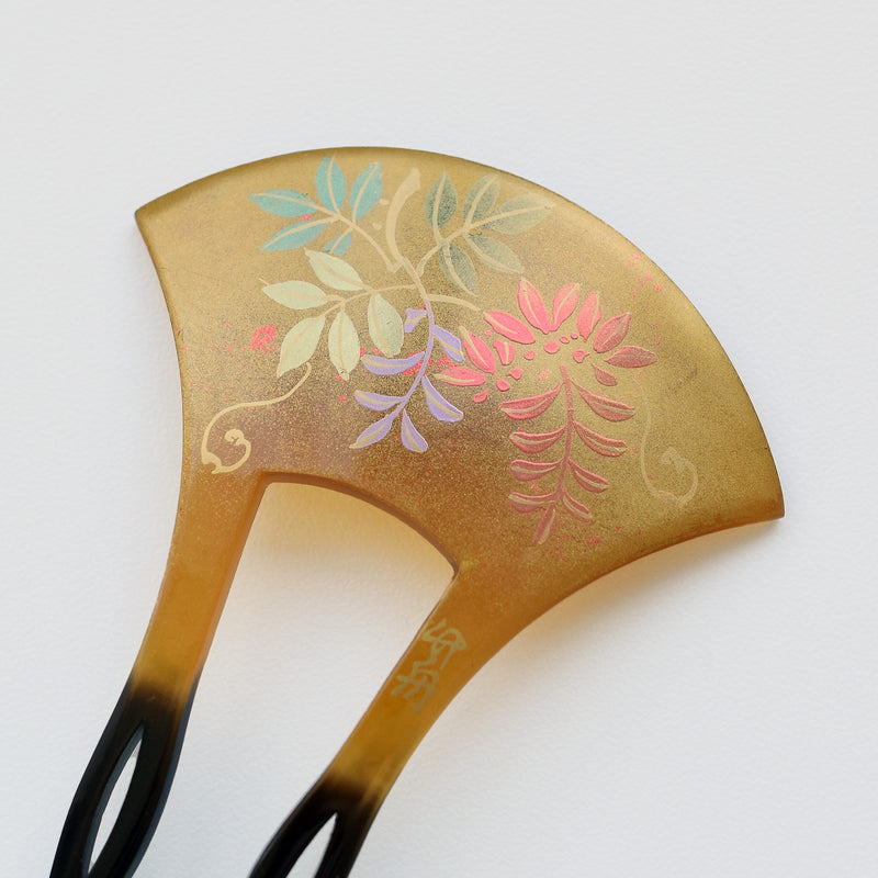 【かんざし 藤花・金】単品 簪 髪飾り 蒔絵調 二本差し 髪留め バチ型 扇型 日本製 結婚式や卒業式などに（5432630100）