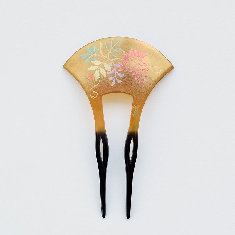 【かんざし 藤花・金】単品 簪 髪飾り 蒔絵調 二本差し 髪留め バチ型 扇型 日本製 結婚式や卒業式などに（5432630100）