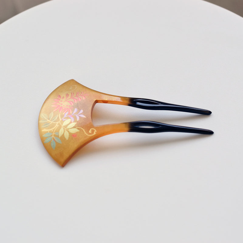 【かんざし 藤花・金】単品 簪 髪飾り 蒔絵調 二本差し 髪留め バチ型 扇型 日本製 結婚式や卒業式などに（5432630100）