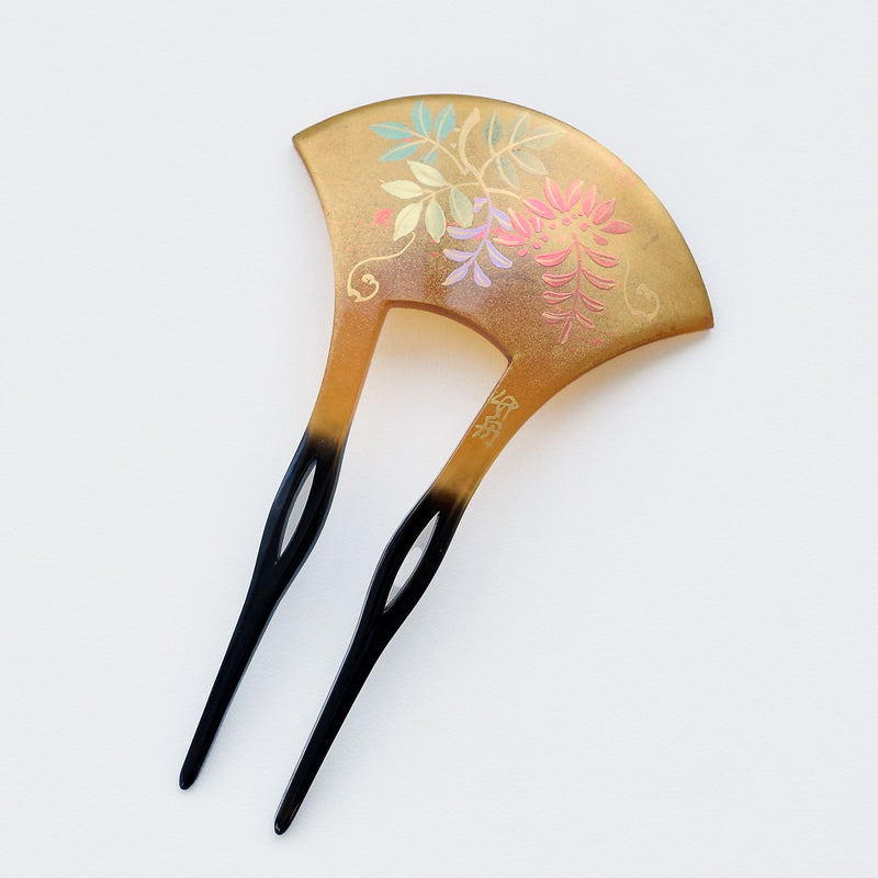 【かんざし 藤花・金】単品 簪 髪飾り 蒔絵調 二本差し 髪留め バチ型 扇型 日本製 結婚式や卒業式などに（5432630100）