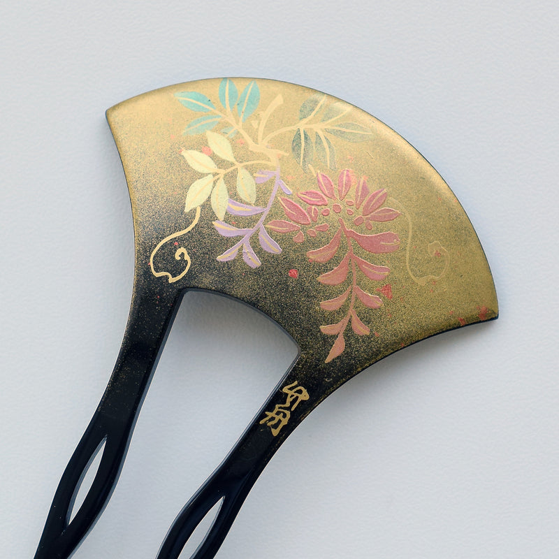 【かんざし 藤花・黒】単品 簪 髪飾り 蒔絵調 二本差し 髪留め バチ型 扇型 日本製 結婚式や卒業式などに（5432630200）