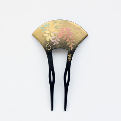 【かんざし 藤花・黒】単品 簪 髪飾り 蒔絵調 二本差し 髪留め バチ型 扇型 日本製 結婚式や卒業式などに（5432630200）