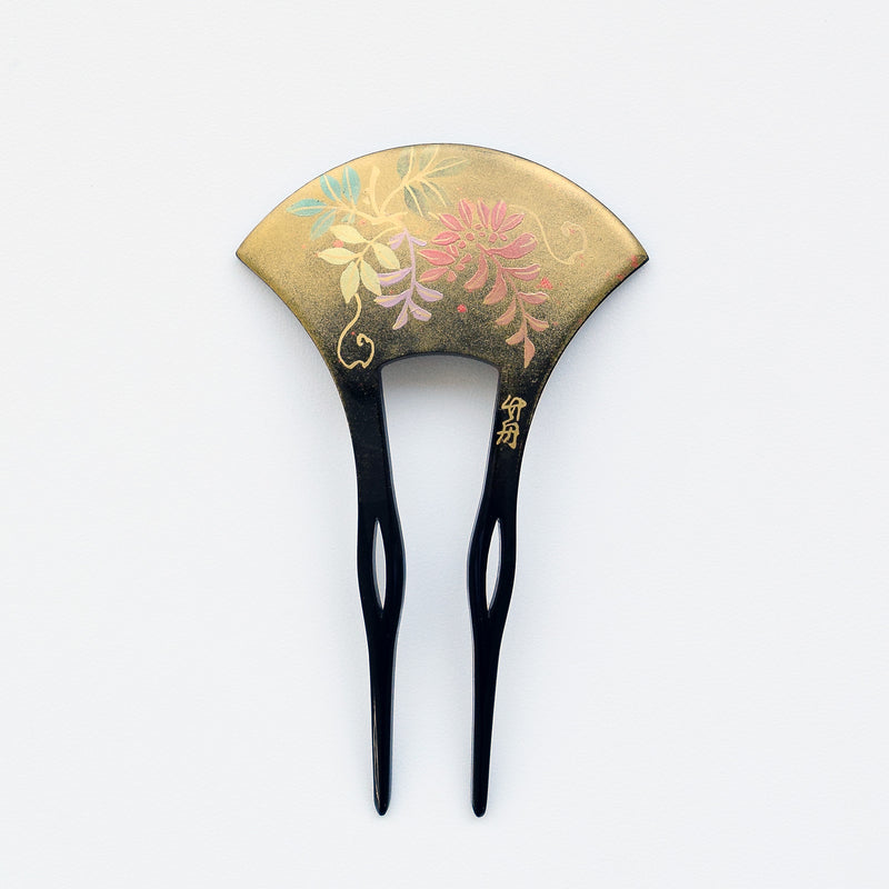 【かんざし 藤花・黒】単品 簪 髪飾り 蒔絵調 二本差し 髪留め バチ型 扇型 日本製 結婚式や卒業式などに（5432630200）