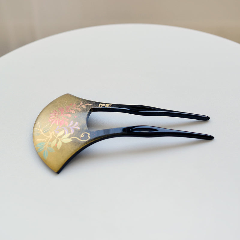 【かんざし 藤花・黒】単品 簪 髪飾り 蒔絵調 二本差し 髪留め バチ型 扇型 日本製 結婚式や卒業式などに（5432630200）