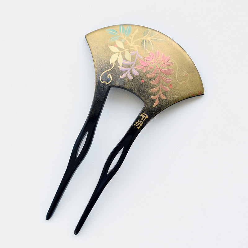 【かんざし 藤花・黒】単品 簪 髪飾り 蒔絵調 二本差し 髪留め バチ型 扇型 日本製 結婚式や卒業式などに（5432630200）