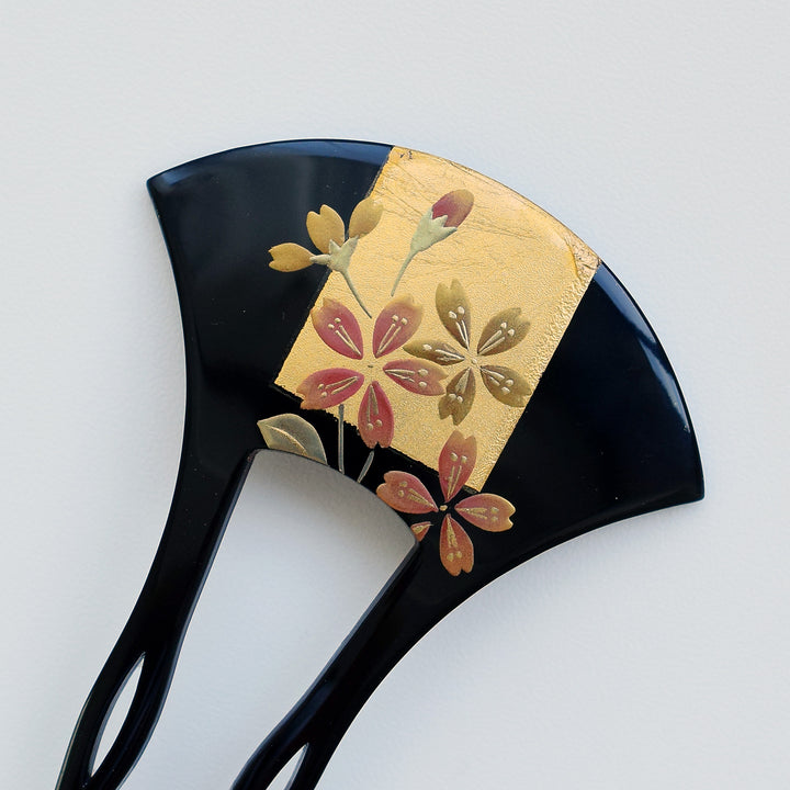 かんざし 雅桜・黒】単品 簪 髪飾り 蒔絵調 二本差し 髪留め バチ型 扇