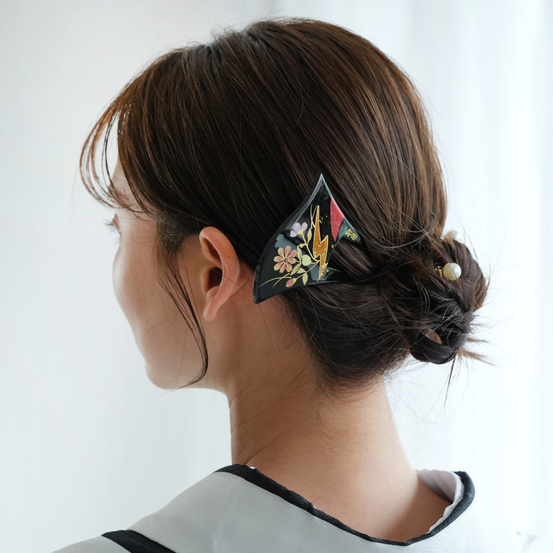 【かんざし 花霞】単品 簪 髪飾り 蒔絵調 二本差し 髪留め バチ型 扇型 日本製 結婚式や卒業式などに（5432630500）