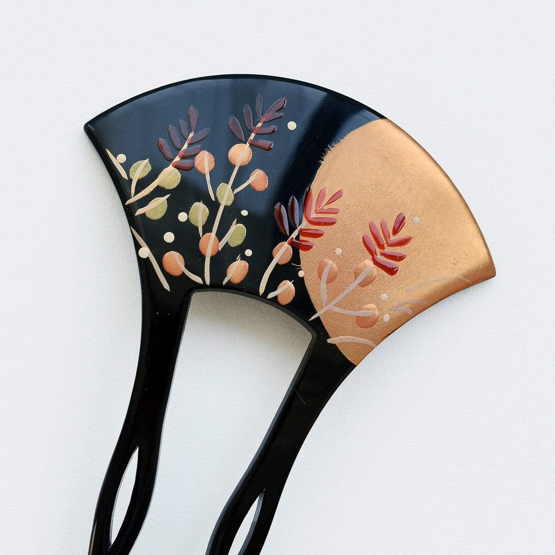 かんざし 月と萩】単品 簪 髪飾り 蒔絵調 二本差し 髪留め バチ型 扇型