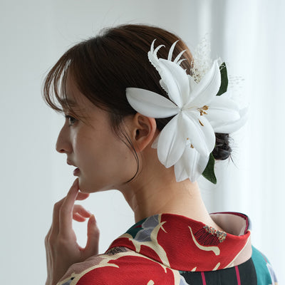 【髪飾り ビッグボリューム百合　チュールヴェール】Uピン6本セット 日本製 ヘアアクセサリー  浴衣 成人式 振袖 卒業式 袴 普段のヘアアレンジにも【取り寄せ品】（5432630700）
