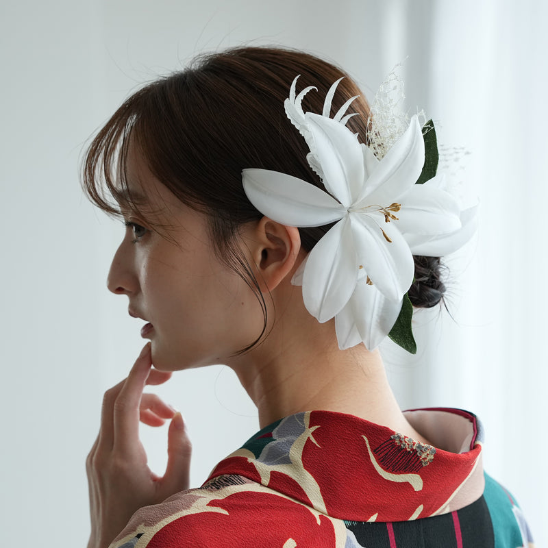 【髪飾り ビッグボリューム百合　チュールヴェール】Uピン6本セット 日本製 ヘアアクセサリー  浴衣 成人式 振袖 卒業式 袴 普段のヘアアレンジにも【取り寄せ品】（5432630700）