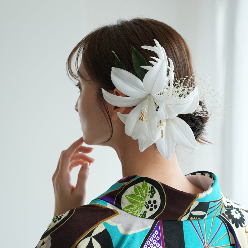 【髪飾り ビッグボリューム百合　チュールヴェール】Uピン6本セット 日本製 ヘアアクセサリー  浴衣 成人式 振袖 卒業式 袴 普段のヘアアレンジにも【取り寄せ品】（5432630700）