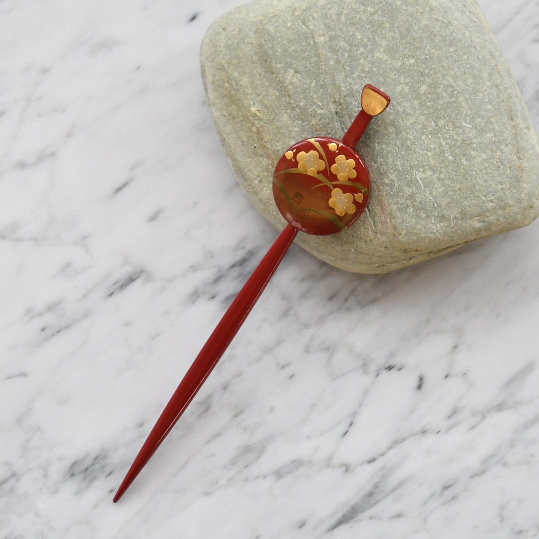 髪飾り 蒔絵かんざし レトロ梅・赤】平打ちかんざし 簪 ヘア