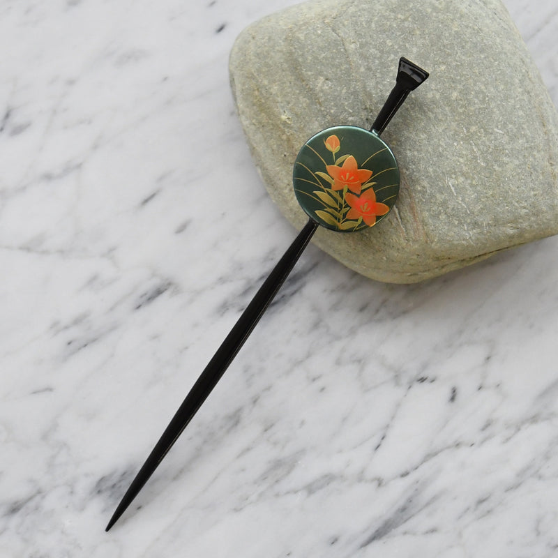 【髪飾り 蒔絵かんざし 桔梗・緑】平打ちかんざし 簪 ヘアアクセサリー  日本製 浴衣や成人式振袖、卒業式袴や普段のヘアアレンジにも（5432632300）