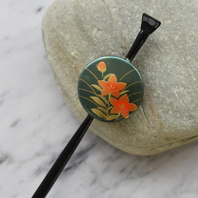 【髪飾り 蒔絵かんざし 桔梗・緑】平打ちかんざし 簪 ヘアアクセサリー  日本製 浴衣や成人式振袖、卒業式袴や普段のヘアアレンジにも（5432632300）