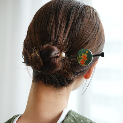 【髪飾り 蒔絵かんざし 桔梗・緑】平打ちかんざし 簪 ヘアアクセサリー  日本製 浴衣や成人式振袖、卒業式袴や普段のヘアアレンジにも（5432632300）