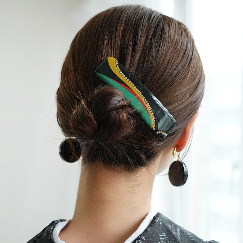【髪飾り バレッタ】蒔絵髪飾りレトロ曲線 ヘアアクセサリー  日本製 和風 着物 浴衣 和服 カジュアル 普段のヘアアレンジにも（5432632900）