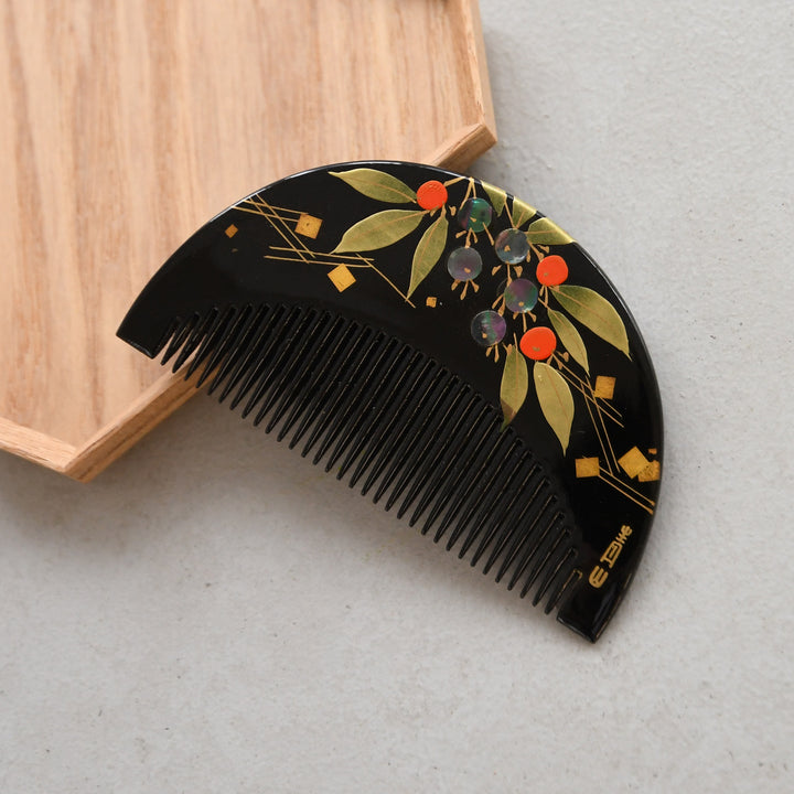 髪飾り 蒔絵塗り前櫛かんざし 赤い実】くし 和コーム 螺鈿 ヘア