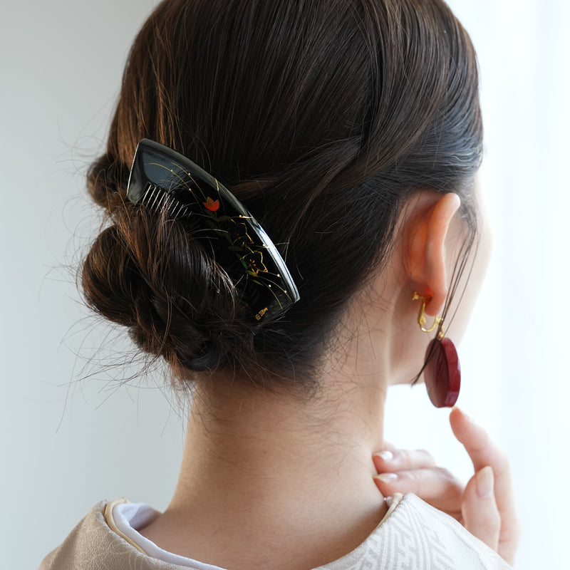 【蒔絵塗り前櫛かんざし 桔梗・螺鈿】くし 和コーム 螺鈿 ヘアアクセサリー  髪飾り 日本製 浴衣や成人式振袖、卒業式袴や普段のヘアアレンジにも（5432633400）