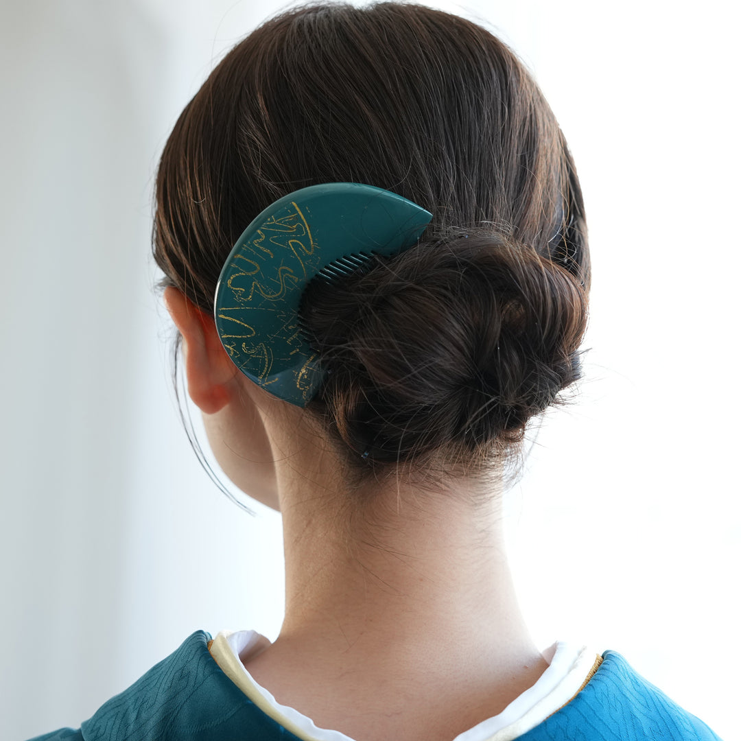 蒔絵塗り前櫛かんざし 金の幾何学】くし 和コーム 螺鈿 ヘア