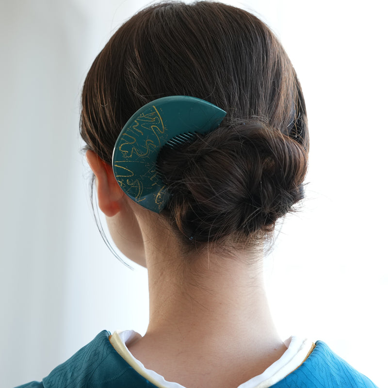 【蒔絵塗り前櫛かんざし 金の幾何学】くし 和コーム 螺鈿 ヘアアクセサリー  髪飾り 日本製 浴衣や成人式振袖、卒業式袴や普段のヘアアレンジにも（5432633500）