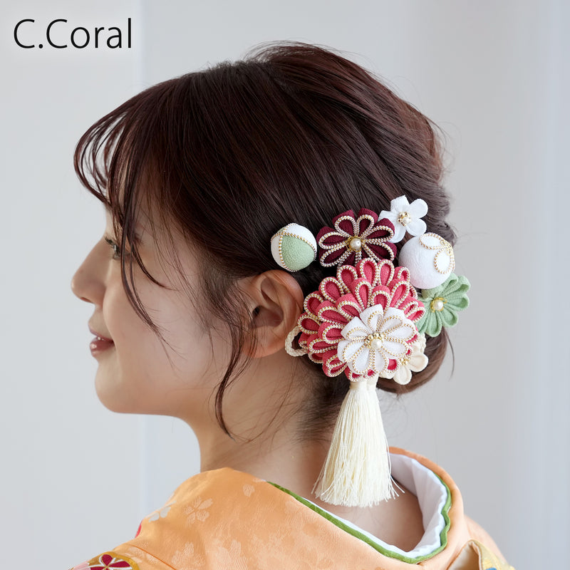 【髪飾り 菊華 コームUピン3点セット】つまみ細工  ヘアアクセサリー  日本製 成人式振袖や卒業式袴にも（5432633801）【取り寄せ品】