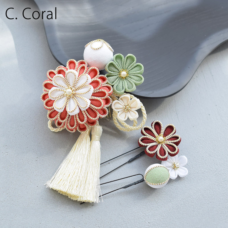 【髪飾り 菊華 コームUピン3点セット】つまみ細工  ヘアアクセサリー  日本製 成人式振袖や卒業式袴にも（5432633801）【取り寄せ品】