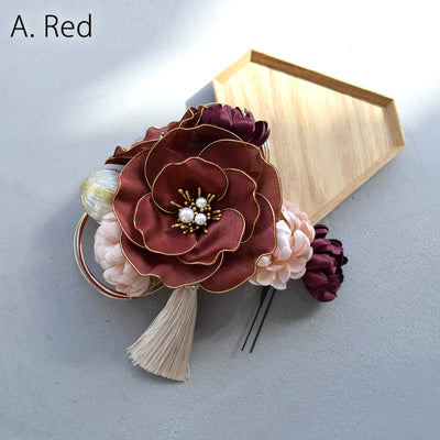 【髪飾り シルクフラワー芙蓉 コームUピン2点セット】水引 タッセル 菊  ヘアアクセサリー  日本製 成人式振袖や卒業式袴にも（5432635401）【取り寄せ品】