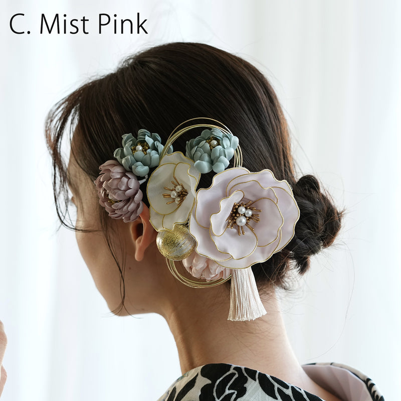 【髪飾り シルクフラワー芙蓉 コームUピン2点セット】水引 タッセル 菊  ヘアアクセサリー  日本製 成人式振袖や卒業式袴にも（5432635401）【取り寄せ品】