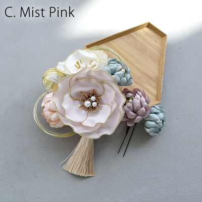 【髪飾り シルクフラワー芙蓉 コームUピン2点セット】水引 タッセル 菊  ヘアアクセサリー  日本製 成人式振袖や卒業式袴にも（5432635401）【取り寄せ品】