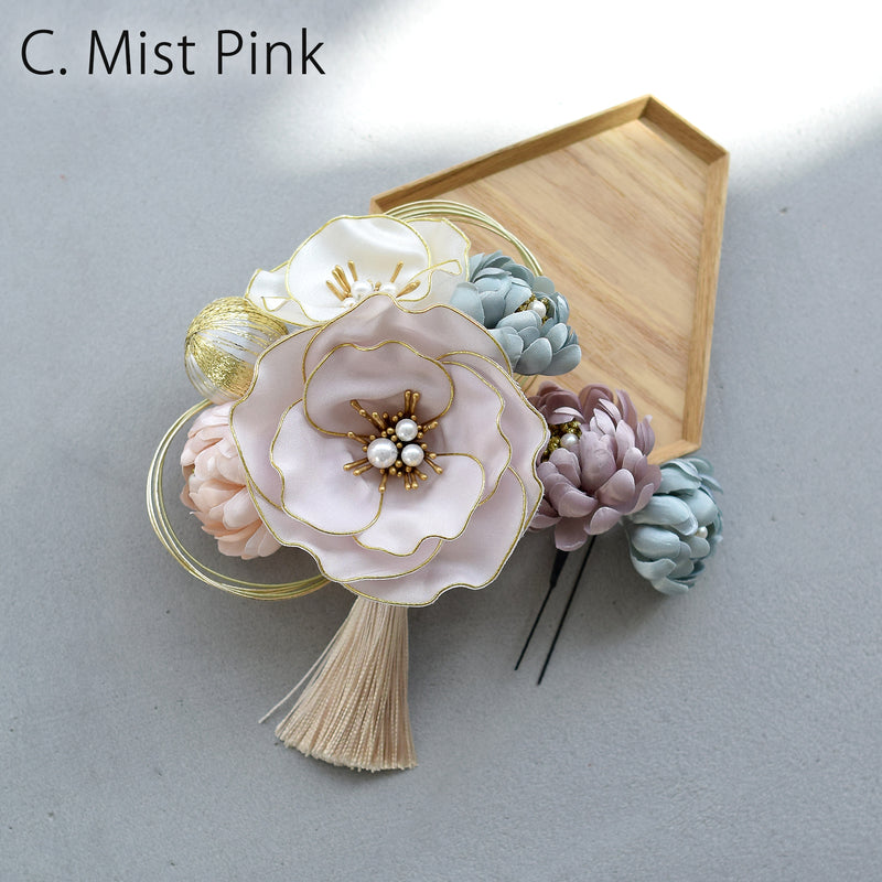 【髪飾り シルクフラワー芙蓉 コームUピン2点セット】水引 タッセル 菊  ヘアアクセサリー  日本製 成人式振袖や卒業式袴にも（5432635401）【取り寄せ品】