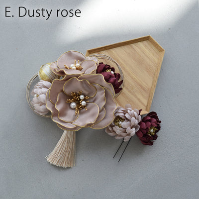 【髪飾り シルクフラワー芙蓉 コームUピン2点セット】水引 タッセル 菊  ヘアアクセサリー  日本製 成人式振袖や卒業式袴にも（5432635401）【取り寄せ品】