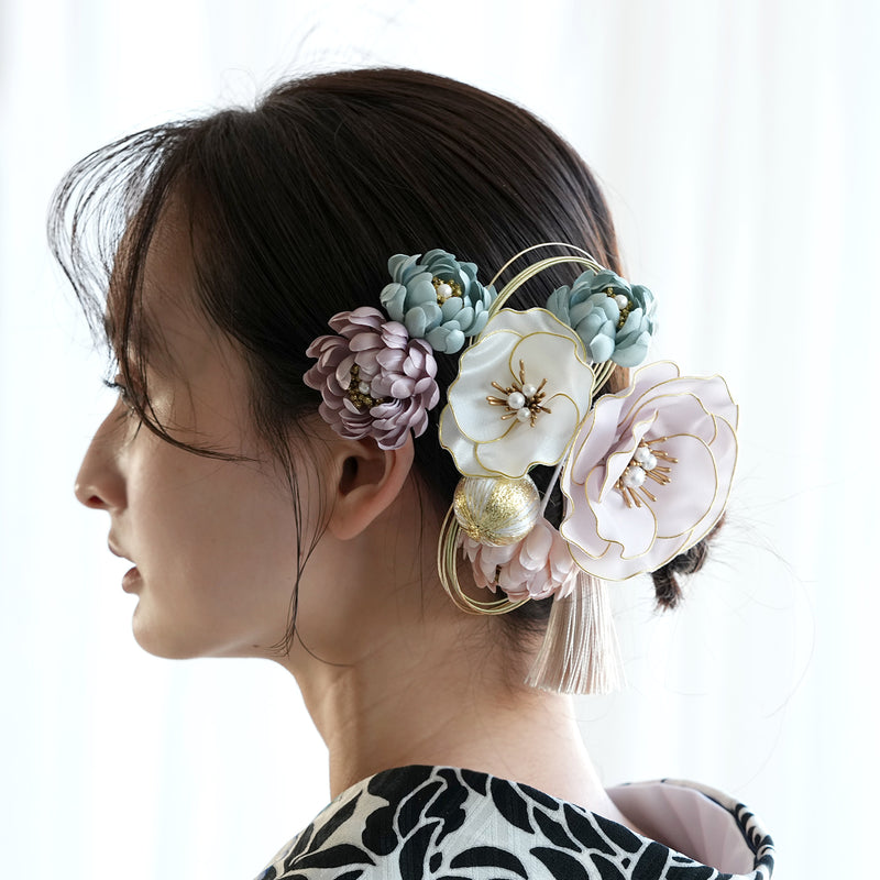 【髪飾り シルクフラワー芙蓉 コームUピン2点セット】水引 タッセル 菊  ヘアアクセサリー  日本製 成人式振袖や卒業式袴にも（5432635401）【取り寄せ品】