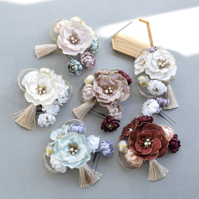 【髪飾り シルクフラワー芙蓉 コームUピン2点セット】水引 タッセル 菊  ヘアアクセサリー  日本製 成人式振袖や卒業式袴にも（5432635401）【取り寄せ品】