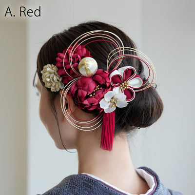 【髪飾り 菊梅桜・水引 コームUピン3点セット】タッセル つまみ細工 アメリカンフラワー  ヘアアクセサリー  日本製 成人式振袖や卒業式袴にも（5432636301）【取り寄せ品】