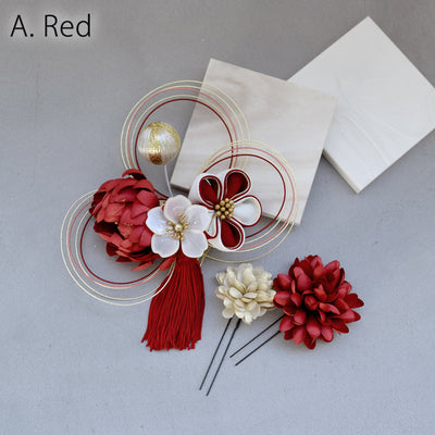【髪飾り 菊梅桜・水引 コームUピン3点セット】タッセル つまみ細工 アメリカンフラワー  ヘアアクセサリー  日本製 成人式振袖や卒業式袴にも（5432636301）【取り寄せ品】