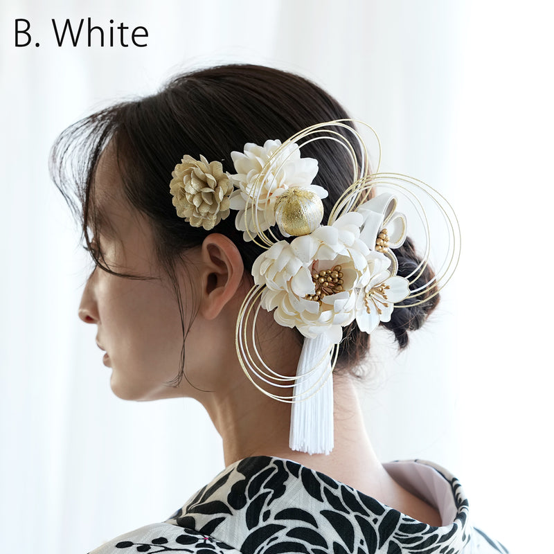 【髪飾り 菊梅桜・水引 コームUピン3点セット】タッセル つまみ細工 アメリカンフラワー  ヘアアクセサリー  日本製 成人式振袖や卒業式袴にも（5432636301）【取り寄せ品】