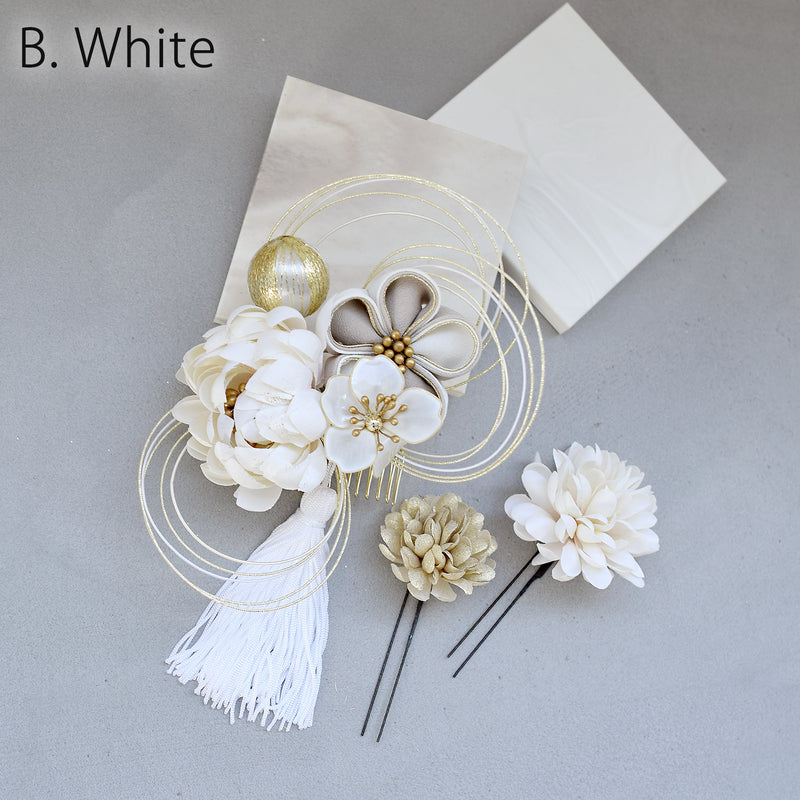 【髪飾り 菊梅桜・水引 コームUピン3点セット】タッセル つまみ細工 アメリカンフラワー  ヘアアクセサリー  日本製 成人式振袖や卒業式袴にも（5432636301）【取り寄せ品】