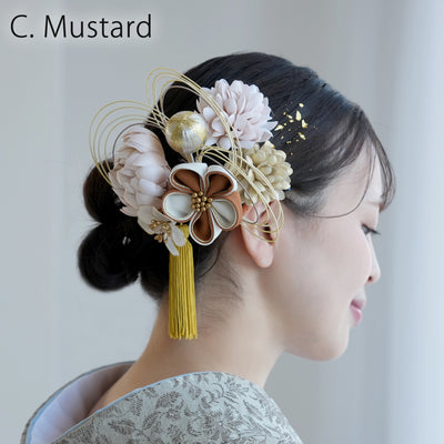 【髪飾り 菊梅桜・水引 コームUピン3点セット】タッセル つまみ細工 アメリカンフラワー  ヘアアクセサリー  日本製 成人式振袖や卒業式袴にも（5432636301）【取り寄せ品】