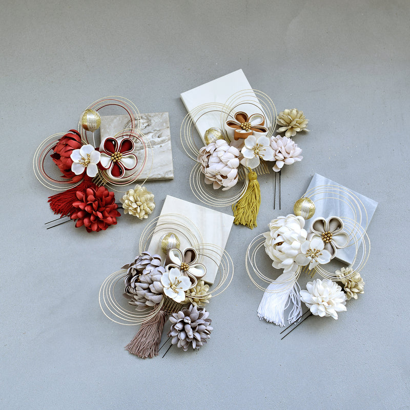 【髪飾り 菊梅桜・水引 コームUピン3点セット】タッセル つまみ細工 アメリカンフラワー  ヘアアクセサリー  日本製 成人式振袖や卒業式袴にも（5432636301）【取り寄せ品】