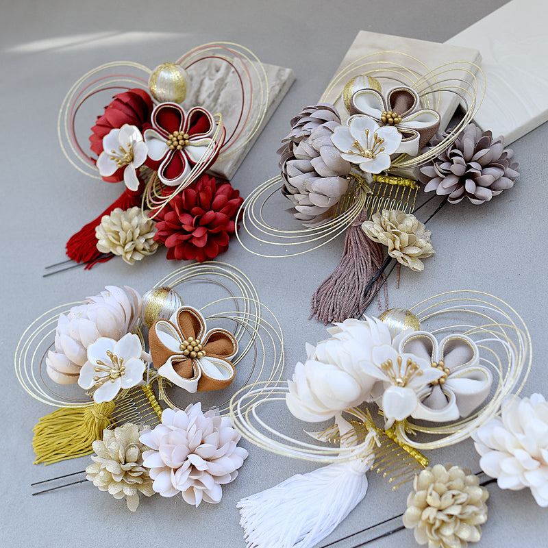 【髪飾り 菊梅桜・水引 コームUピン3点セット】タッセル つまみ細工 アメリカンフラワー  ヘアアクセサリー  日本製 成人式振袖や卒業式袴にも（5432636301）【取り寄せ品】