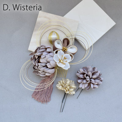 【髪飾り 菊梅桜・水引 コームUピン3点セット】タッセル つまみ細工 アメリカンフラワー  ヘアアクセサリー  日本製 成人式振袖や卒業式袴にも（5432636301）【取り寄せ品】